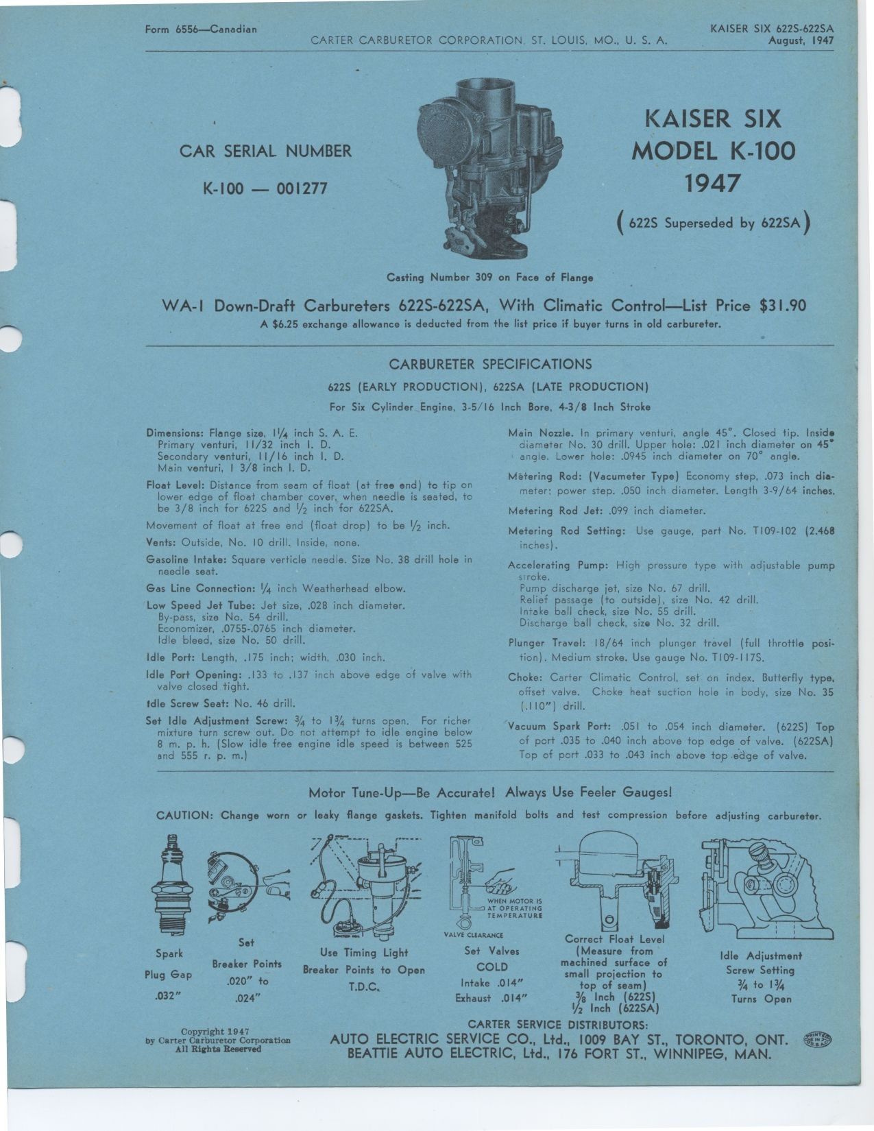 1947 1949 Kaiser Frazer WA 1 Carter Carburetor F 47 F 47C F 485 F 486