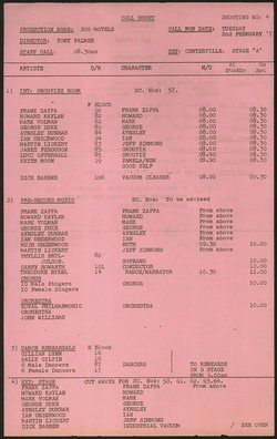 Frank Zappa 1971 200 Motels Call Sheet Keith Moon George Duke Howard