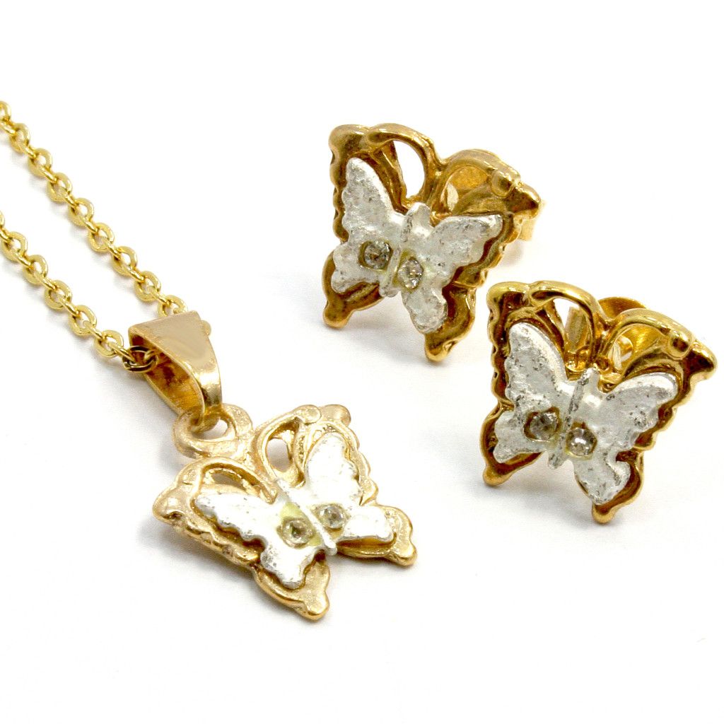 Set Gold 18K GF Teens Girl Kids Earrings Pendant Fun Butterfly Two