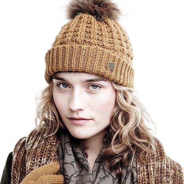 Barts Filippa Beanie Pudelmütze Camel Echtfell Bommel Strickmütze