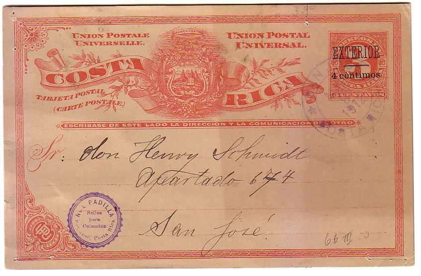 Costa Rica Surch Postal Card Inverted Accent Used 1912