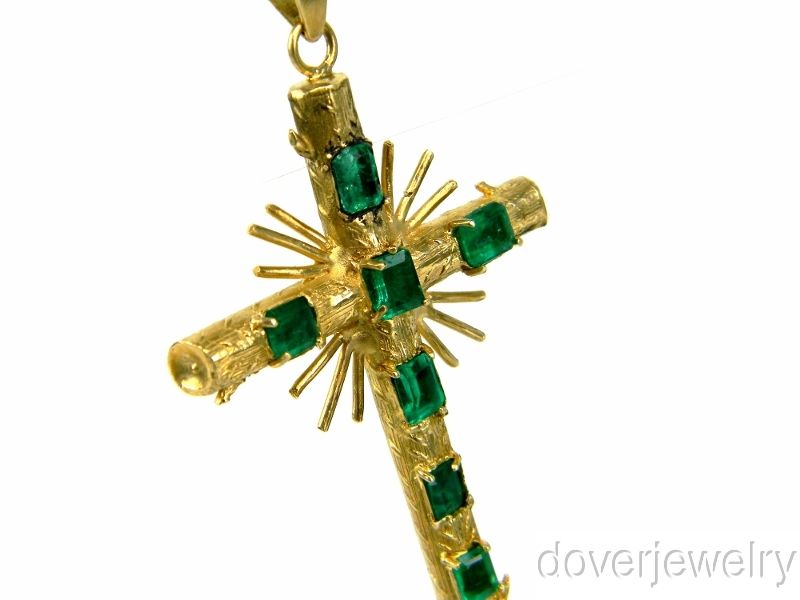 Estate 5 50ct Green Emerald 18K Gold Large Cross Pendant