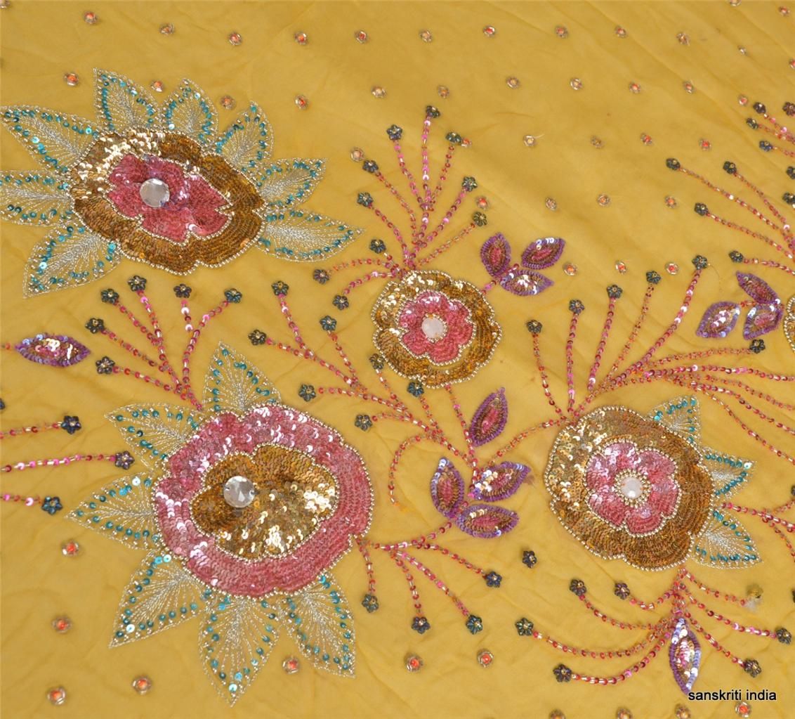 DESIGN FABRIC HAND BEADED FLORAL INDIAN CRAFT ART DECOR SEQUINS LEMON