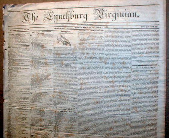 Rare original 1836 LYNCHBURG Virginia newspaper 4 SLAVE ADS  Sale