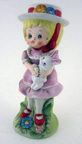 Figurine Statue of LITTLE GIRL IN DRESS & BONNET with Her Bunny