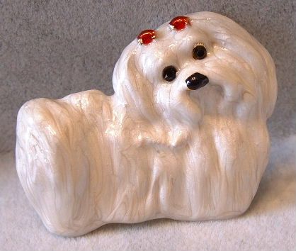 Pearlized Enamel Crystal Purebred Maltese Puppy Dog Pin Brooch