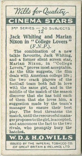 Jack Whiting Marian Nixon 1931 Wills Movie Card