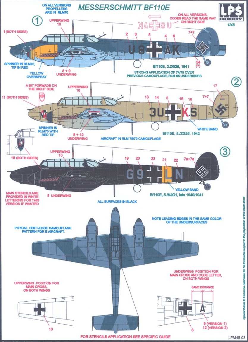 LPS Decals 1 48 Messerschmitt BF 110E Markings Stencils