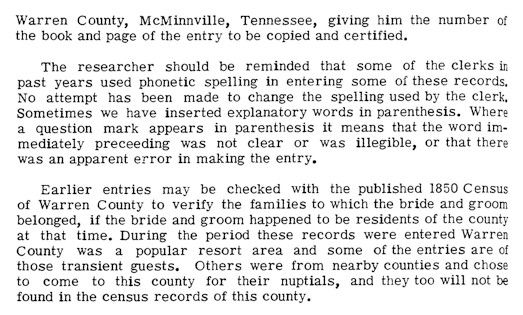 Marriage Records, Warren County, Tennessee 1852 1899