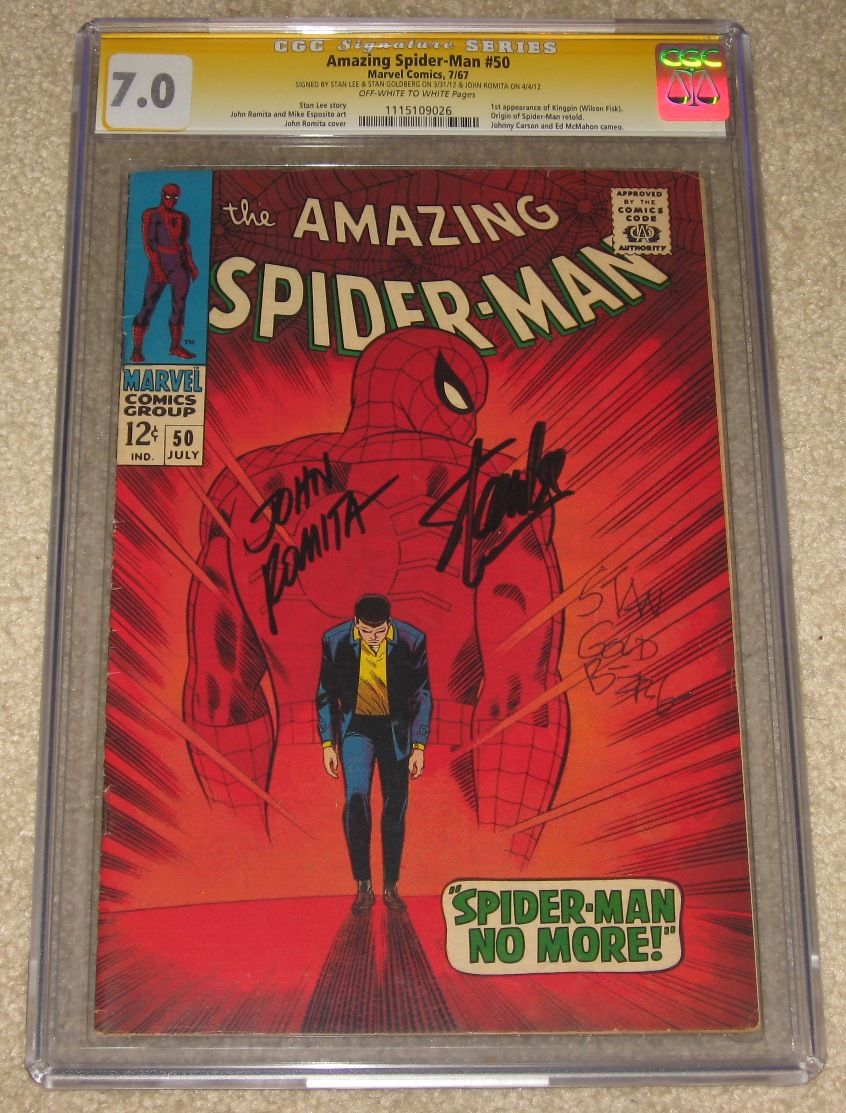 SPIDER~MAN #50 CGC 7.0 SS Signed Stan Lee/John Romita Sr/Stan Goldberg