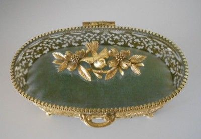 Vintage Matson Ormolu Birds Dogwood Bevel Glass Jewelry Box Casket