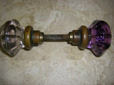 Antique Victorian Vintage Purple Amethyst Glass Brass Door Knobs