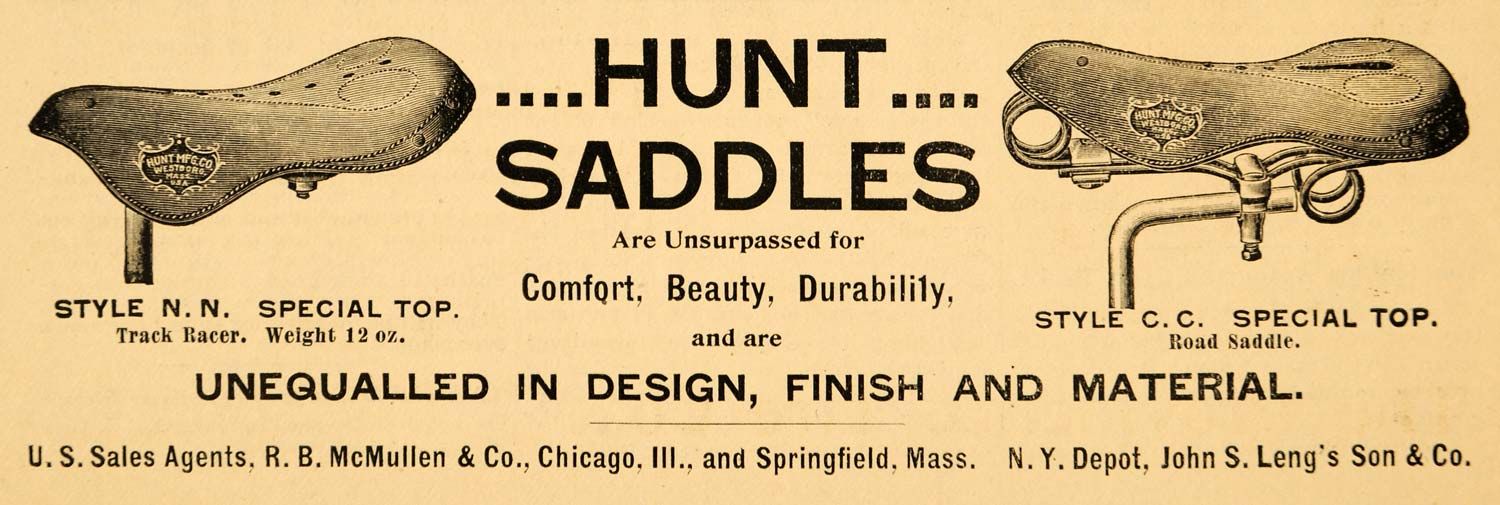 1894 Ad Hunt Saddles Bicycle Biker McMullen Bike Parts   ORIGINAL