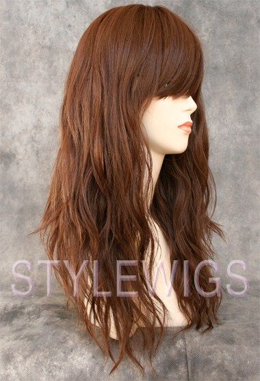 HEAT SAFE Long Messy Waves Wavy w/ Bangs Light Chestnut Brown Wig TIBQ