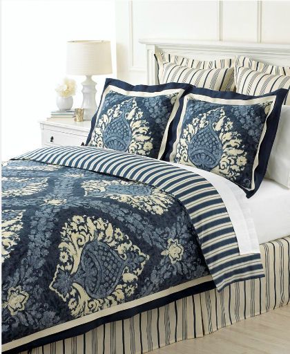 Martha Stewart Indigo Damask 6P Full Duvet Cover Set