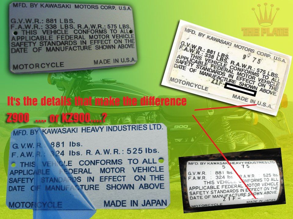 Kawasaki KZ900 KZ 900 Z1F USA Z1 Data Plate Alu ID Tag Frame