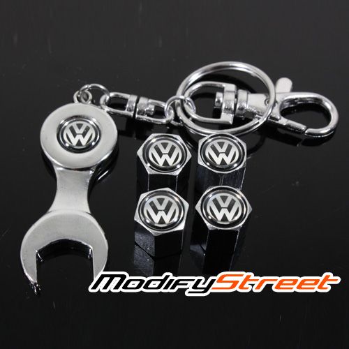 VOLKSWAGEN VW TIRE WHEEL RIMS STEM VALVE CAPS & WRENCH KEYCHAIN CHROME