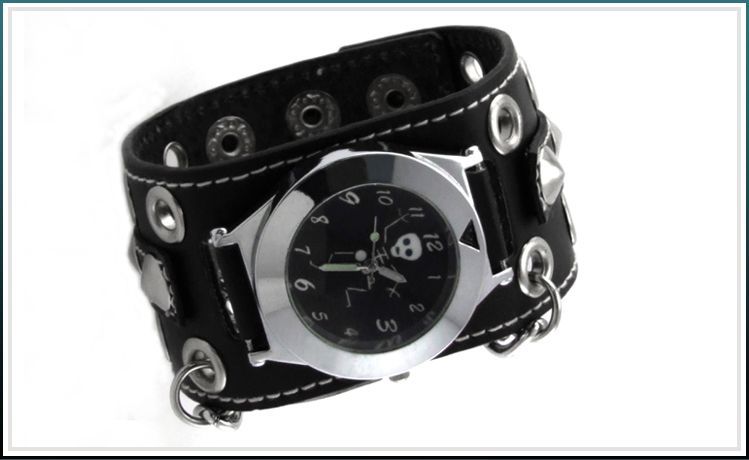 New Black Skeleton Leather Quarz Men Cuff Watch W243