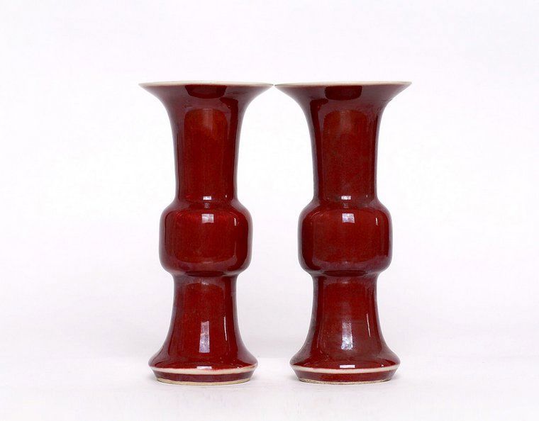Pair of Chinese 18th C GU Shaped Red Glaze Porcelain Vases Marks 254CP