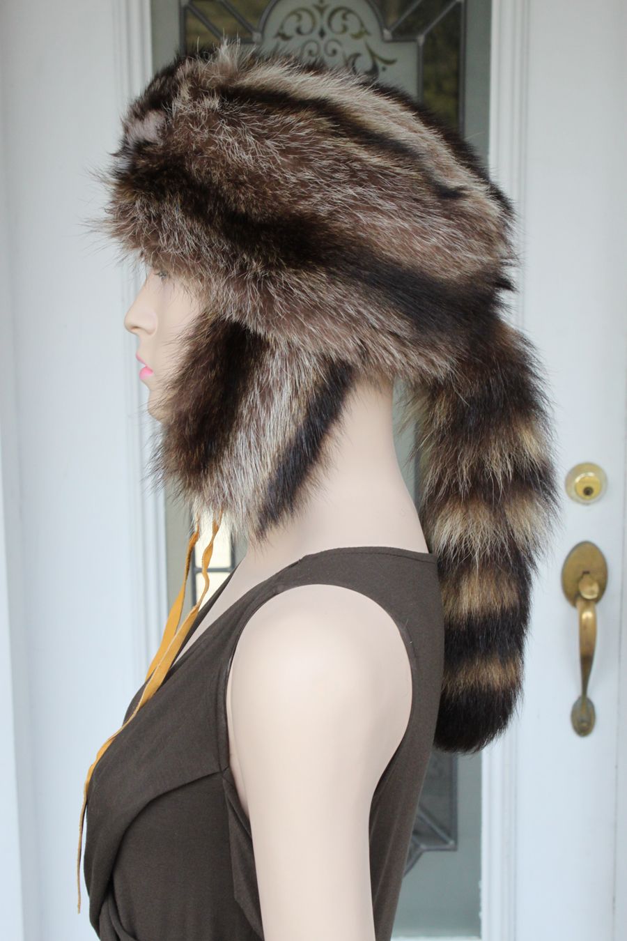 Silver Tip Raccoon Fur Hat w Head Tail for Men Women