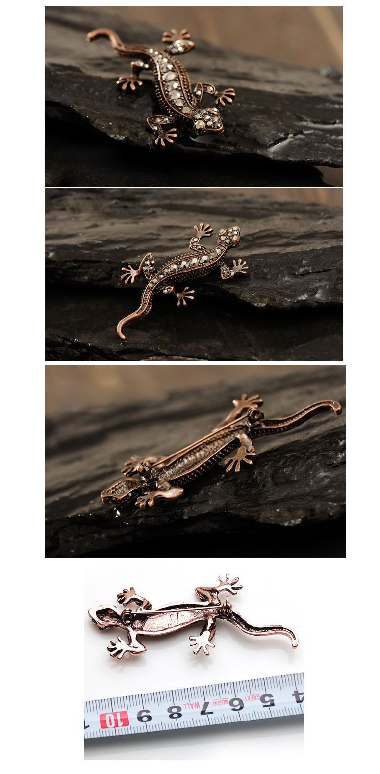Vintage Bronze Exquisite Rhinestone Crawling Gecko Pin Brooch