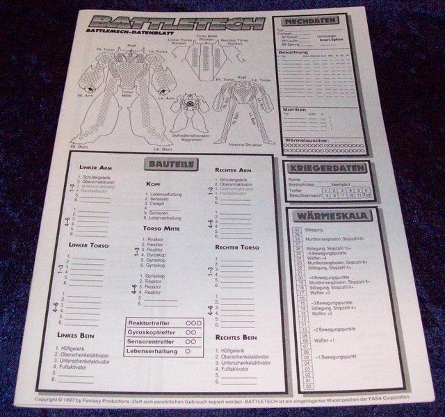 BATTLETECH   BATTLEMECH DATENBLATT  