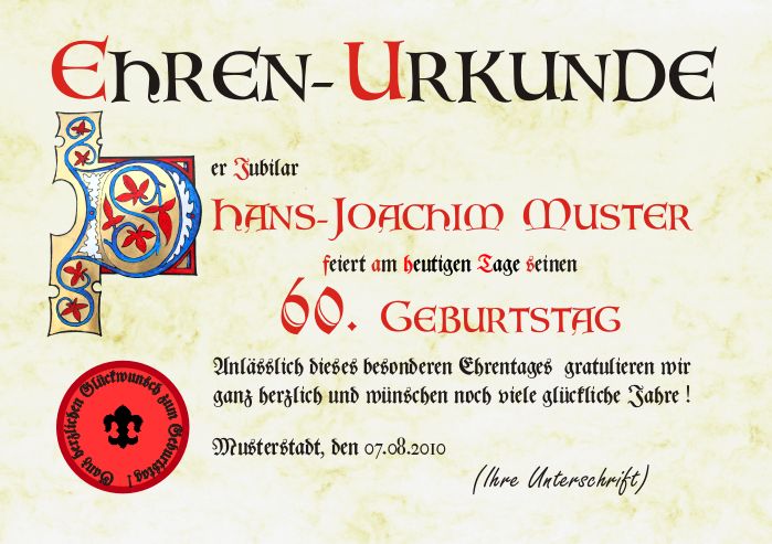 GEBURTSTAG EHREN URKUNDE männl.60 70 80 90 100