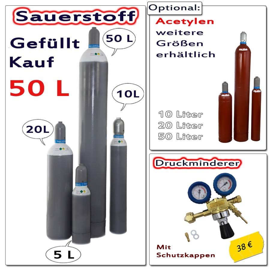 50 l Sauerstoffflasche passend für alle Sauerstoff Druckminderer u