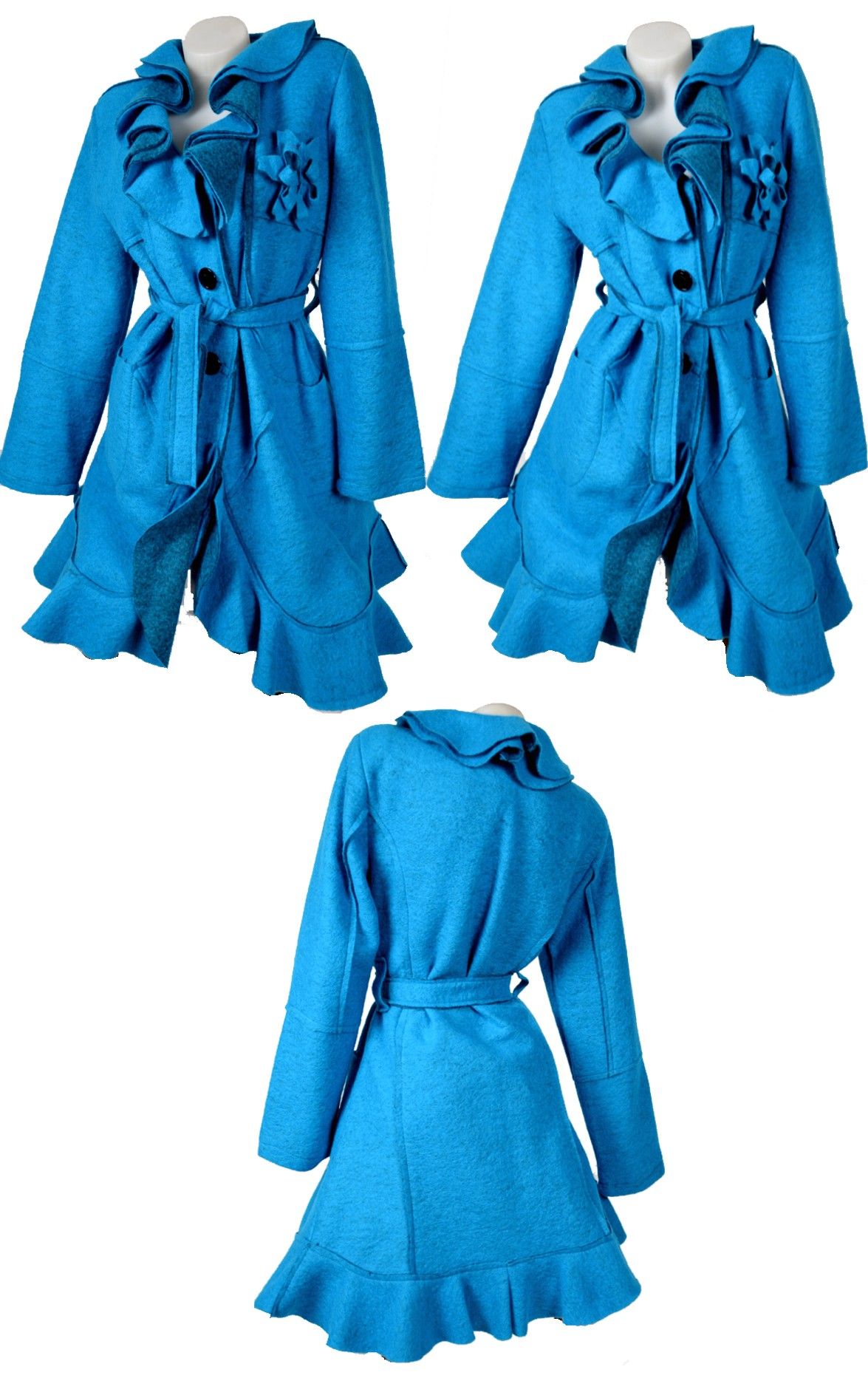 LAGENLOOK EDEL WOLLE MANTEL TRENCH VOLANTS TÜRKIS BLAU Gr. 48 COAT