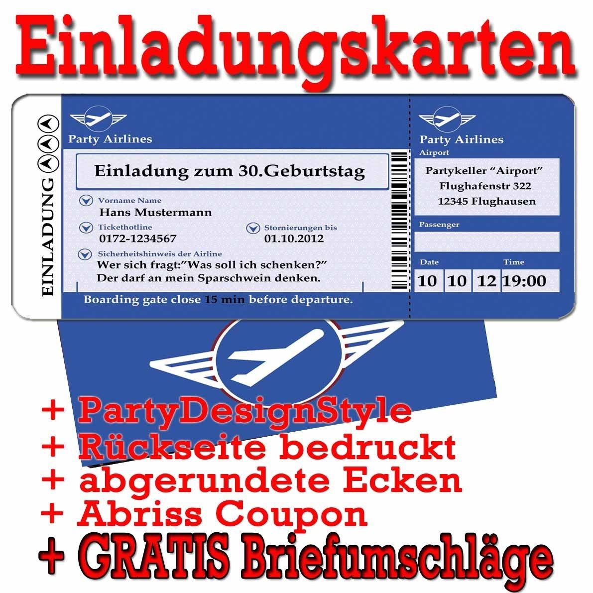 Geburtstag Flugticket Einladungskarte Einladung 60 30 40 50 20