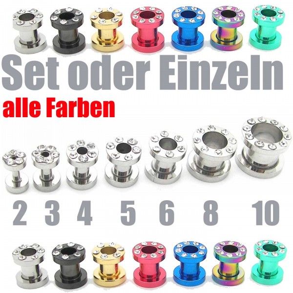 1x oder Set Flesh Tunnel Plug Strass Zirkonia Blau Rot Grün Rainbow 2