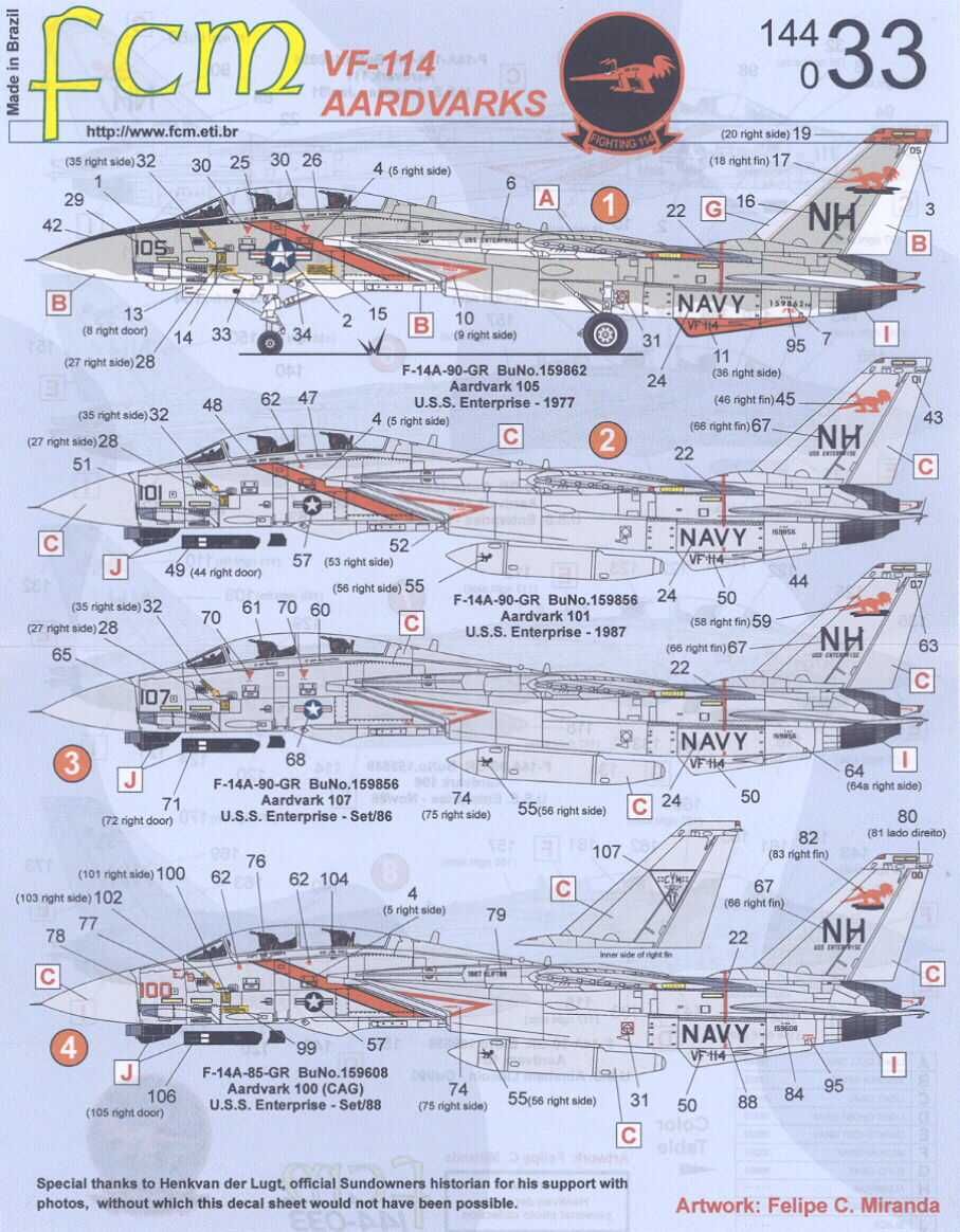 FCM Decals 1/144 GRUMMAN F 14A TOMCAT VF 114 AARDVARKS