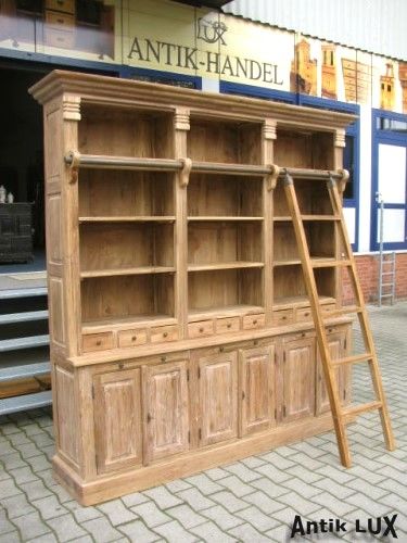 Bibliothek in Teak mit Leiter,,235 cm breit,, Regal,Bücherschrank