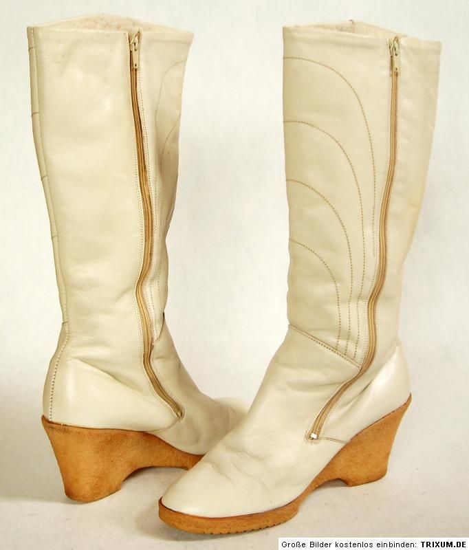 Stiefel Leder Weiß 38,5 39 Boots Vintage Creme Wedges Keilabsatz Keil