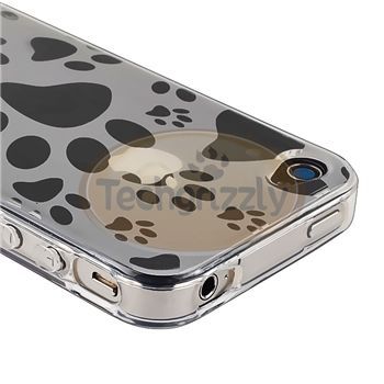 Clear Dog Paw Foot Print TPU Soft Skin+Black White Dock Cap For iPhone