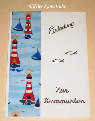 Einladung Zur Kommunion weiß Leuchtturm Fische