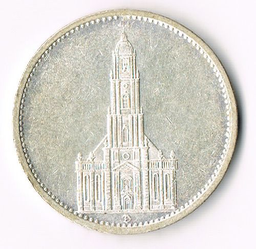 DR DEUTSCHES REICH 5 MARK REICHSMARK 1934 D KIRCHE JAEGER J 357 SILBER