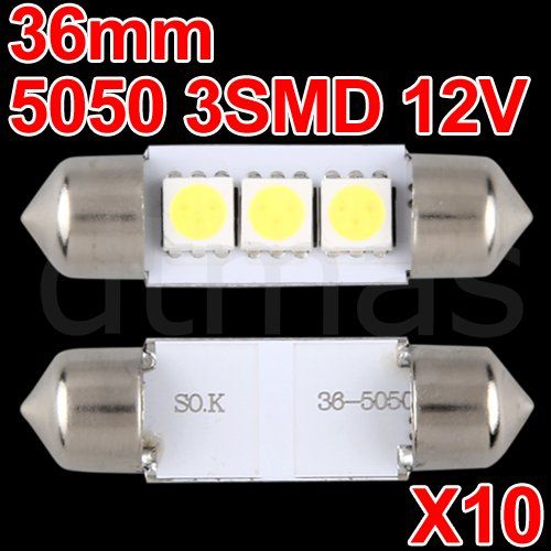 10X Weiß 1W 5050 3 SMD LED 36mm 12V Kennzeichenbeleuchtung Soffitte