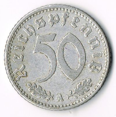 DR DEUTSCHES REICH 50 PFENNIG REICHSPFENNIG 1943 A HK JAEGER J. 372