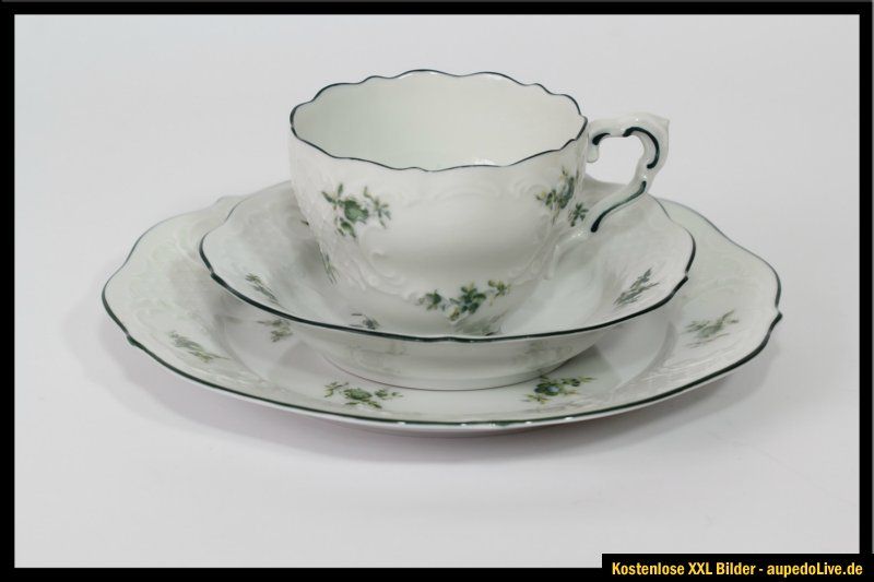 Teller Lindner Smaragd Blüten Porzellan Handarbeit Tassen, 1 Kaffeegedeck 