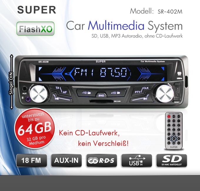 AUTORADIO SUPER SP 402M  WMA USB+SD=64GB IN AUX RDS OHNE CD