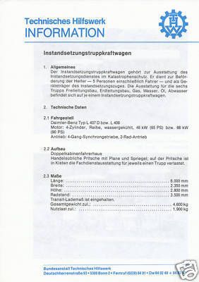 THW Information Instandsetzungstrupp Mercedes L 407 409