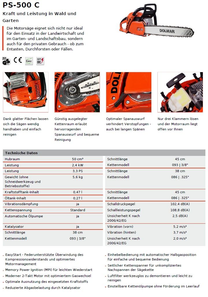 Kettensäge PS 350 SC / PS 420 SC / PS 500 C Motorsäge Säge