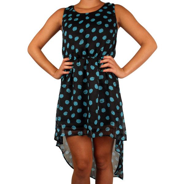 Damen Kleid Polka Gepunktet Hinten Saum lang vorne kurz Ärmellos