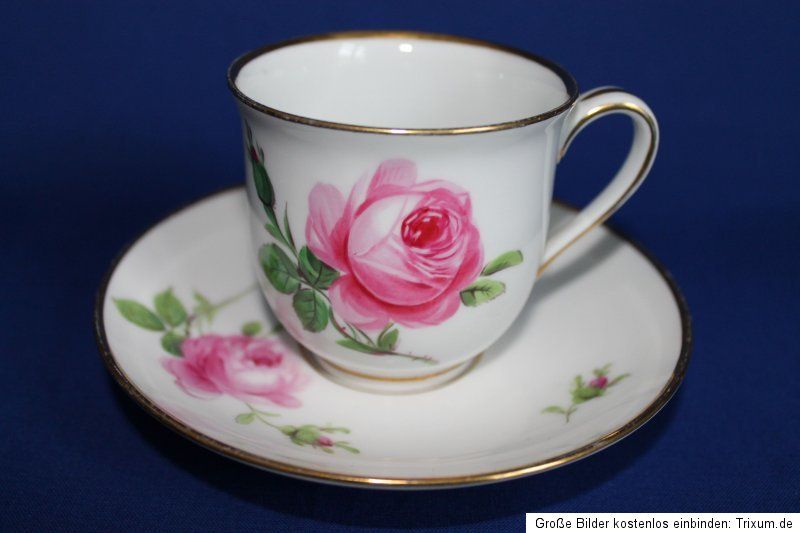 Meissen Kaffeetasse mit Untere Tasse Rote Rose Knaufzeit Goldrand 1