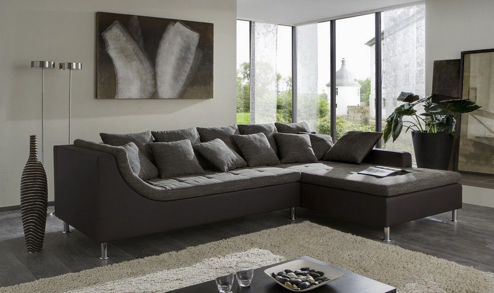 Exklusive Wohnlandschaft London Grau Ecksofa + Kissen