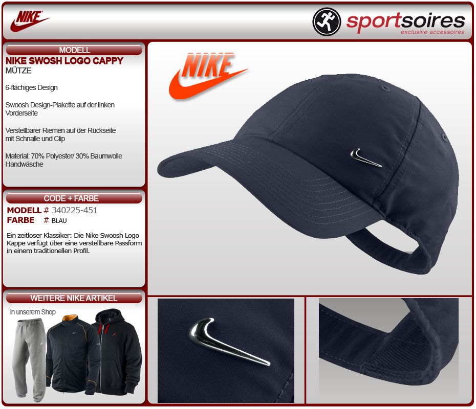 NIKE LOGO SWOOSH KAPPE MÜTZE CAP CAPPY 340225 451 NEU