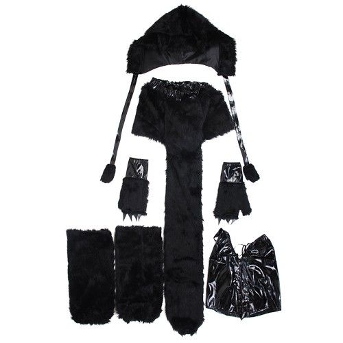 KJ459 Sexy Damen Pelzig Cosplay Kostüm Halloween Outfits Schwarz 5tlg