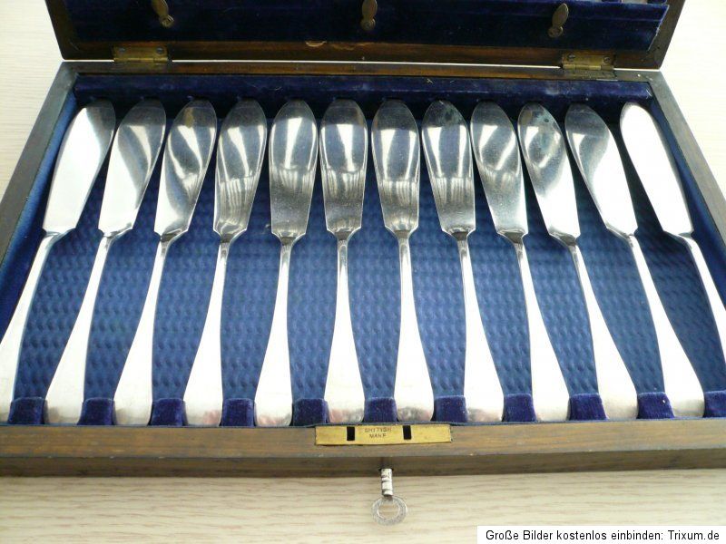 Silber FISCH Besteck 12 Pers EPNS ca. 1910 in schöner Holzschatulle