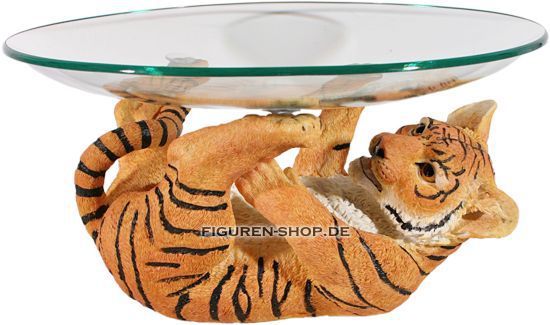 Tigerbaby mit Glasschale   Tiger Figur Statue Obstschale